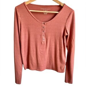 American Eagle Ribbed Henley Tee Womens S Fitted Snap